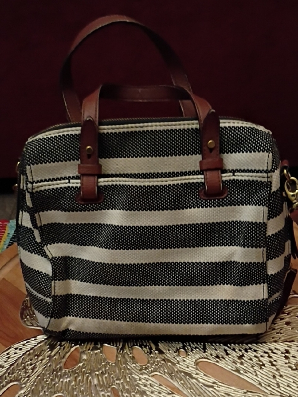 Fossil Black and White Striped Satchel with Brown Leather Trim and Pink Tassel - Picture 4 of 12